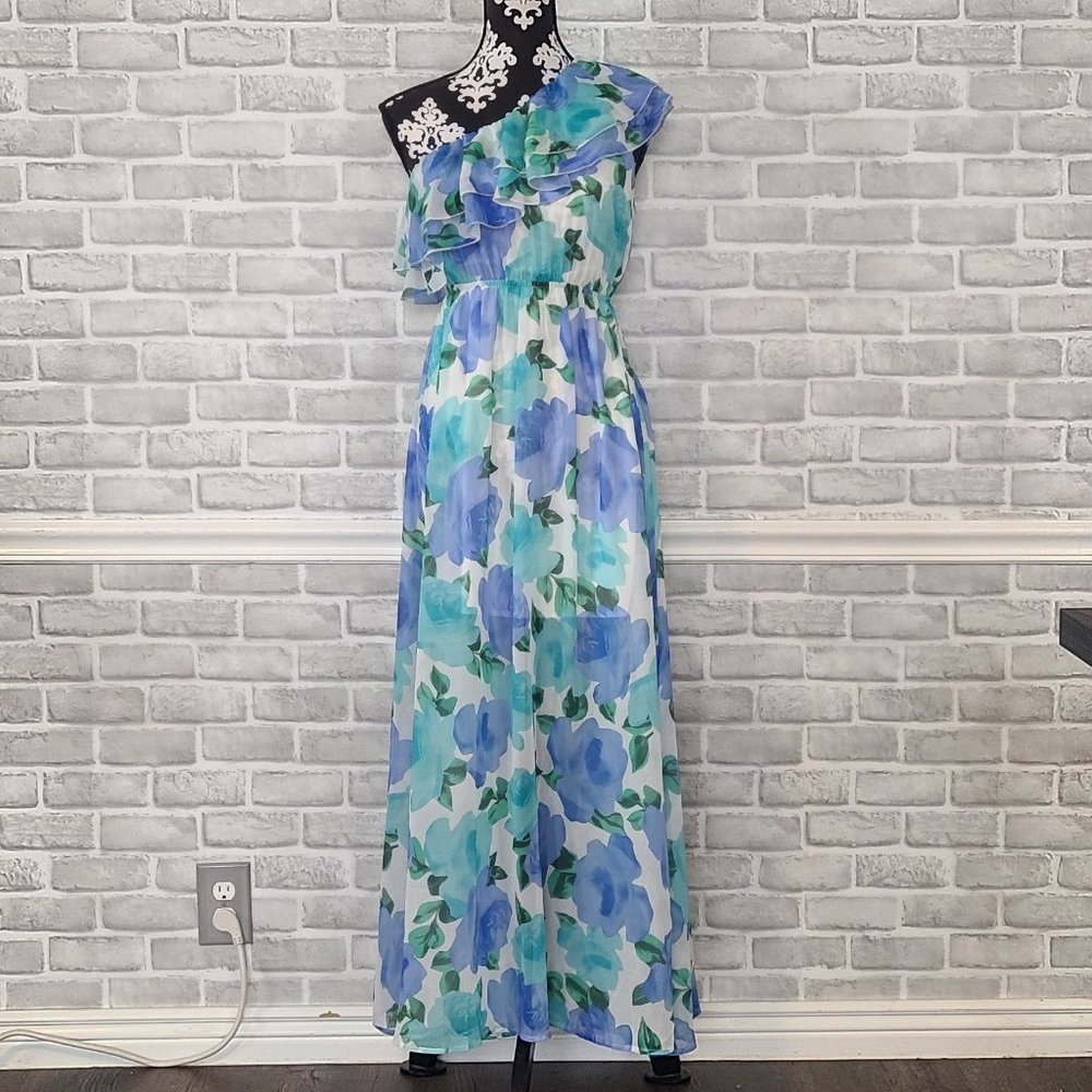 Dalia MacPhee Maxi Dress One Shoulder Floral Chiffon Sz Med NWT Blue Lined
